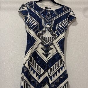 Express Blue and White Geometric Sequin Mini Dress